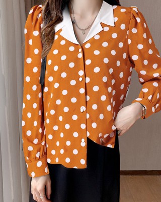 Polka Dot Contrast Color Lapel Button Long Sleeve Casual Shirt