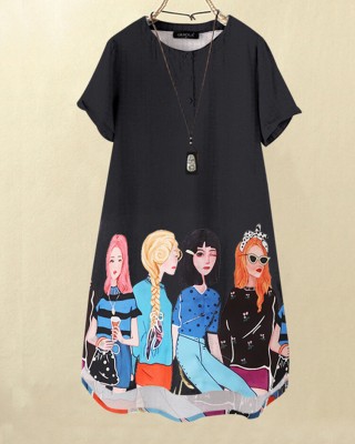 Cartoon Girls Graphic Pocket Short Sleeve Button Dress